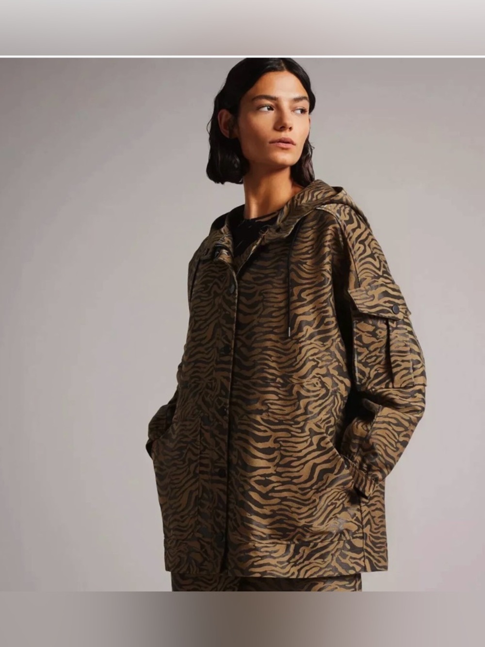 Ted Baker Neina Animal-Jacquard Zebra Print Hooded Shell Jacket & drawstring NWT